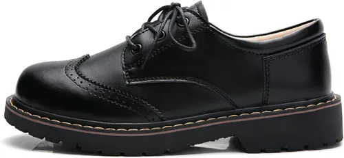 Vista 8 de Zapatos Oxford para mujer, zapatos perforados con cordones y punta redonda de cuero de tacón bajo para niñas y mujeres
