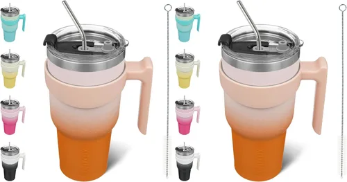 Vista 48 de BJPKPK Mini vaso de 10 onzas con tapa, popote y asa, taza de acero aislada