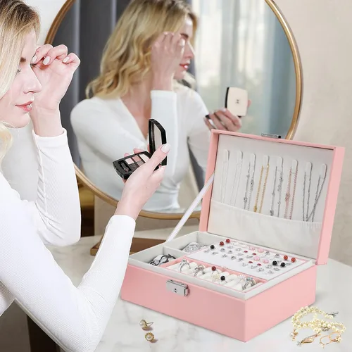 Vista 8 de Joyero organizador para mujeres y niñas, 2 capas de viaje con rollo de joyería plegable, juego de almacenamiento de joyas de cuero para anillos