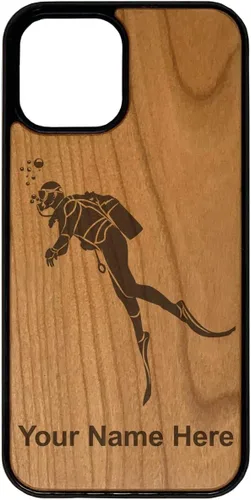 Vista 6 de Funda de madera natural compatible con iPhone, buceador, grabado personalizado incluido (bambú)