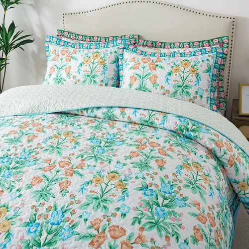 Vista 15 de HoneiLife - Juego de edredón de 3 piezas, colcha ligera de microfibra, diseño de flores silvestres, cubrecamas ligero y botánico, para todas