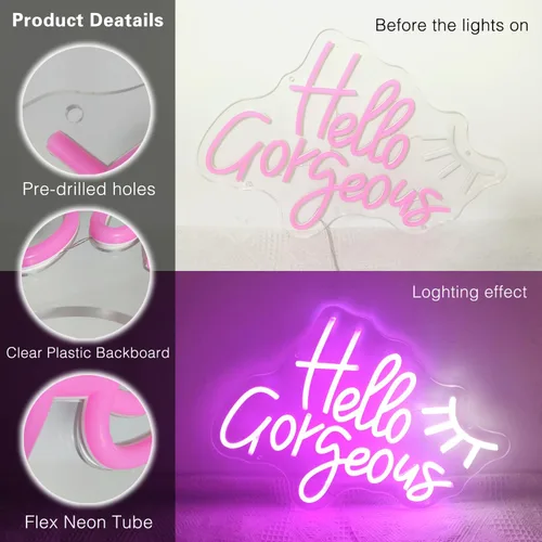 Vista 5 de Letreros de neón Hello Gorgeous para decoración de pared, letrero de 13.8 * 13.8 pulgadas de luz rosa para boda, decoración de compromiso