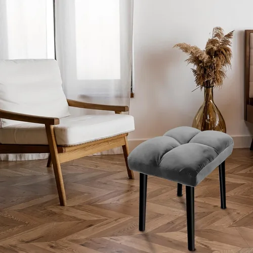 Vista 5 de Taburete de tocador gris, taburete cuadrado de maquillaje con patas de madera, silla otomana pequeña para tocador, asiento acolchado moderno