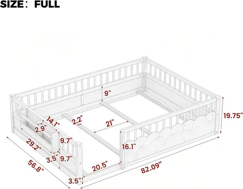 Vista 2 de Cama Montessori de tamaño matrimonial con estantería, luces, listones y Luces grises