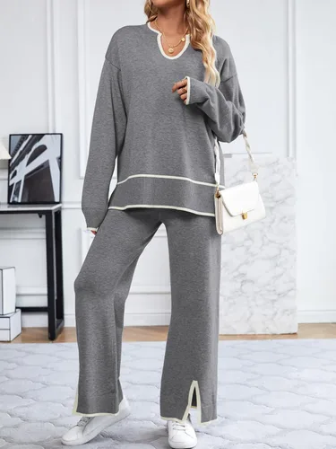Vista 7 de SuperPrity Conjunto de 2 piezas de suéter para mujer, con cuello de muesca, manga larga, suéter de punto y pierna ancha