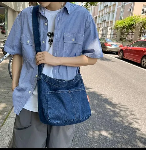 Vista 3 de Bolso cruzado de mezclilla unisex estilo bohemio retro bolso de mensajero bolso de viaje bolso grande bolso holgado Azul Marino talla única Retro