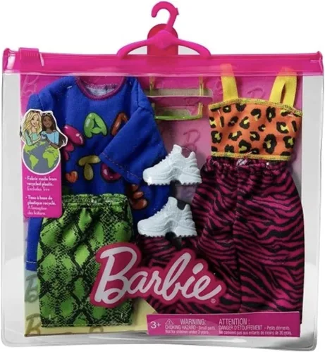 Vista 4 de Barbie Paquete de ropa, moda y accesorios de moda, el juego incluye 2 looks completos con trajes vibrantes y piezas
