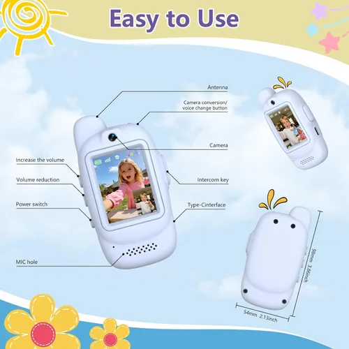 Vista 8 de Walkie Talkies de video para niños, paquete de 2 walkie talkies de video recargables, cámara HD, cambiador de voz, para diversión familiar, Azul