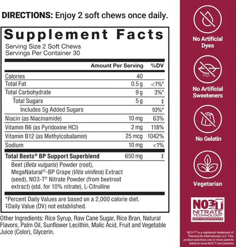 Vista 6 de Force Factor Total Beets Suplementos de apoyo a la presión arterial con polvo de remolacha, masticables de remolacha de gran sabor para energía