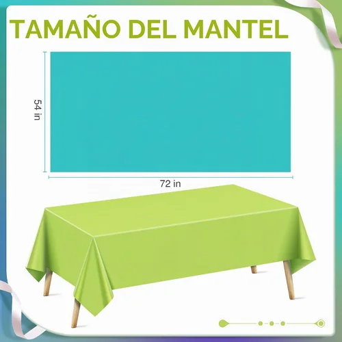 Vista 2 de Mantel rectangular de la serie azul y verde, 4 piezas, 54 x 72 pulgadas, color sólido, impermeable y a prueba de derrames, mantel de plástico