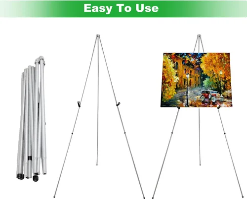 Vista 5 de CertBuy Paquete de 2 caballetes plegables plateados, caballetes de 63 pulgadas para mostrar imágenes, soporte de caballete negro para exhibir