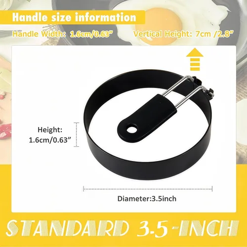Vista 2 de Anillos de huevo para freír huevos, 3.5 pulgadas de acero inoxidable, para panqueques ingleses, magdalenas, con mango de silicona