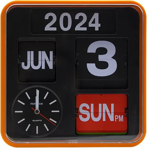 Vista 10 de Reloj de pared retro moderno de 9.45 pulgadas con calendario, fecha, escritorio abatible, negro, (sin batería incluida) (ámbar)