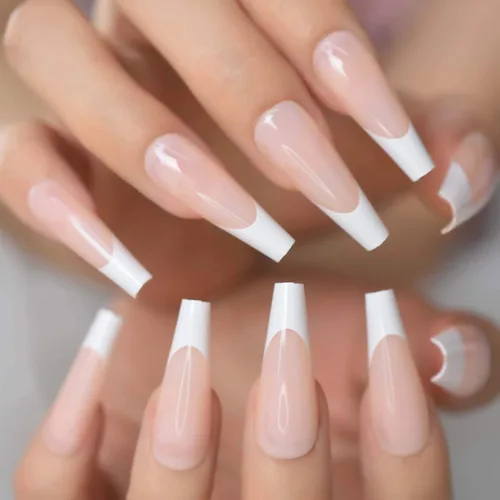 Vista 5 de Puntas de uñas largas tipo ataúd, puntas de uñas blancas a presión, uñas postizas artísticas francesas diseñadas con uñas de gel UV, uñas de salón