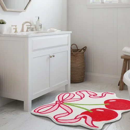 Vista 7 de Duraaamo Alfombra de baño con lazo de cereza de 23.6 x 21.3 pulgadas, bonito lazo rosa, decoración de baño, suave, antideslizante, absorbente