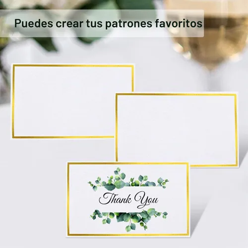 Vista 4 de 120 piezas de tarjetas de lugar, tarjeta de asiento de 2x3.5 pulgadas en blanco rellenable para banquete con marco de lámina dorada para mesa dorado