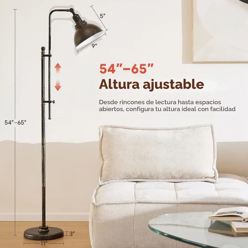 Vista 2 de VONLUCE Lámpara de pie para sala de estar, lámpara de pie industrial alta de 65 pulgadas, altura y cabezal ajustables, lámpara de lectura de pie