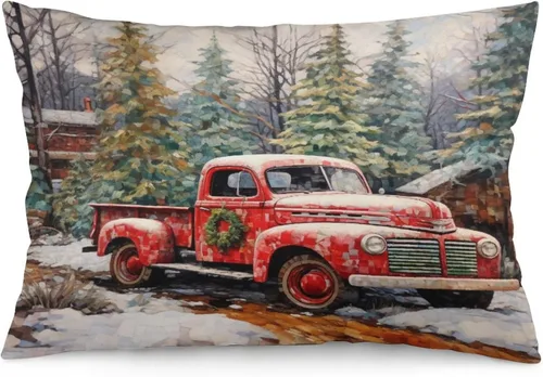 Vista 23 de Protector de almohada de árboles de pino de Navidad rojo y verde de 12 x 20 pulgadas, funda de cojín de vacaciones de invierno, funda de almohada