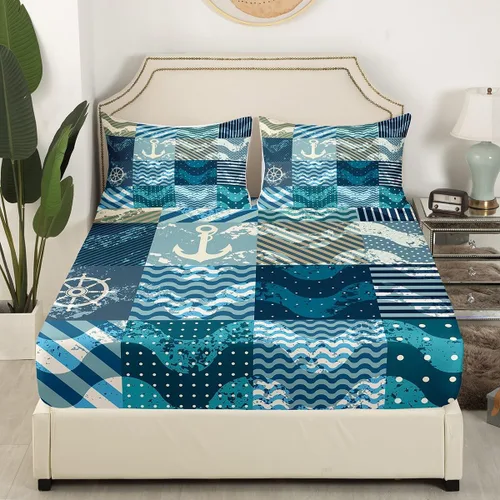 Vista 3 de Juego de sábanas ajustables náuticas azules con olas del océano, sábanas de anclaje de barco, estilo retro, decoración de volante