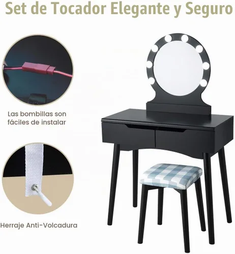 Vista 6 de Set de mesa de tocador Giantex con 8 bombillas y interruptor táctil, mesa de maquillaje para niñas princesa con espejo redondo grande, 2 cajones