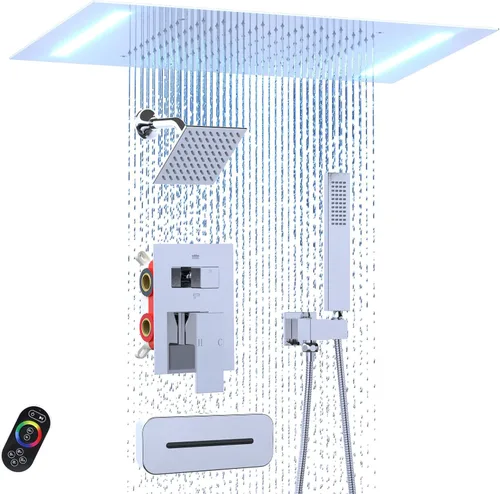Vista 16 de ENGA - Sistema de ducha doble LED de lluvia, cabezal de ducha grande de 14 x 20 pulgadas + ducha de pared de 6 pulgadas, 4 chorros corporales