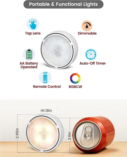 Vista 9 de TECOMLIGHT Luces LED de disco con control remoto, luz inalámbrica para armario, funciona con pilas, luces debajo del gabinete, luz de grifo que