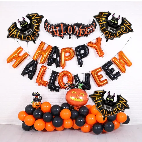 Vista 3 de 5 globos inflables de murciélagos de Halloween con diseño de murciélagos negros, decoraciones inflables de Halloween, día de la muerte, globos