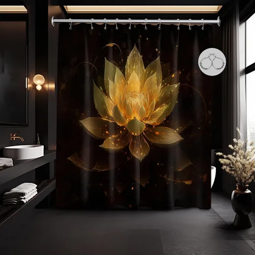 Vista 39 de Cortina de ducha con flores de loto negro y azul para decoración de baño, juego de cortinas decorativas de baño con estampado floral, tela