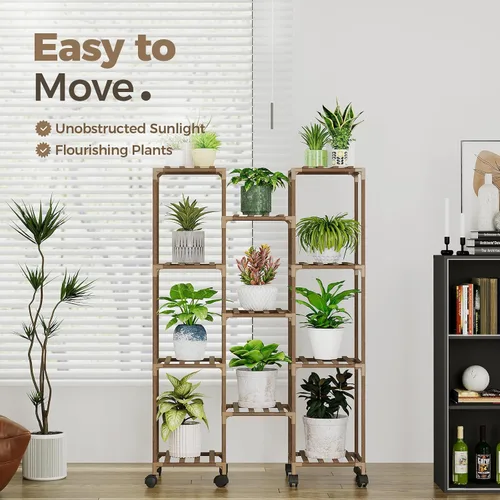 Vista 2 de Bamworld - Soporte para plantas con ruedas de madera para interior y exterior, estante para múltiples plantas con 11 macetas, soporte alto y grande