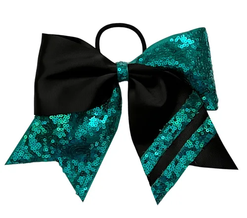 Vista 2 de Nuevo "CONFETTI STRIPES Black Gold" Cheer Bow Pony Tail 7 Inch Girls Hair Bows Cheerleading Dance Practice Football Games Competition Birthday Tick
