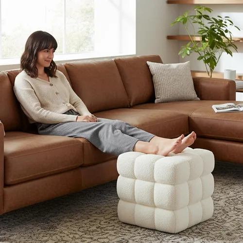 Vista 7 de Otomana cuadrada de sherpa blanca – Puf grande de 17.3 pulgadas con marco de madera resistente, 330 libras de capacidad, moderno taburete de tocador