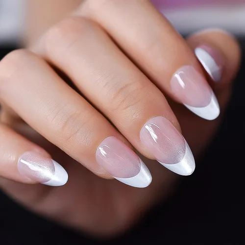 Vista 2 de Gelnails - Uñas postizas cortas a presión con punta francesa blanca, 30 Almendra francesa blanca