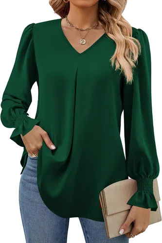 Vista 17 de Funlingo Blusas de mujer con mangas largas 2025, elegantes y casuales, con cuello en V, túnica suelta de gasa para el trabajo