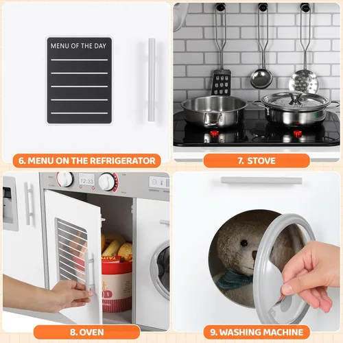 Vista 5 de Arlopu Juego de cocina para niños, juego de juguetes de madera con diseño realista, sonidos de luces, ollas y utensilios para niños y niñas a partir