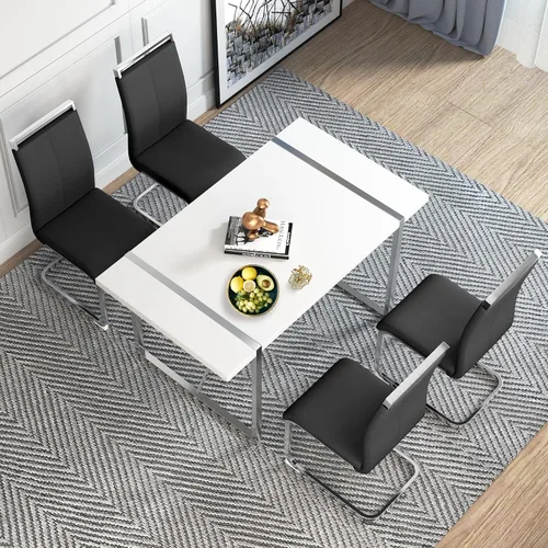 Vista 9 de Juego de mesa de comedor para 4, juego de mesa de cocina moderno con 4 patas de metal tapizadas, juego de mesa de comedor blanco para 4 personas