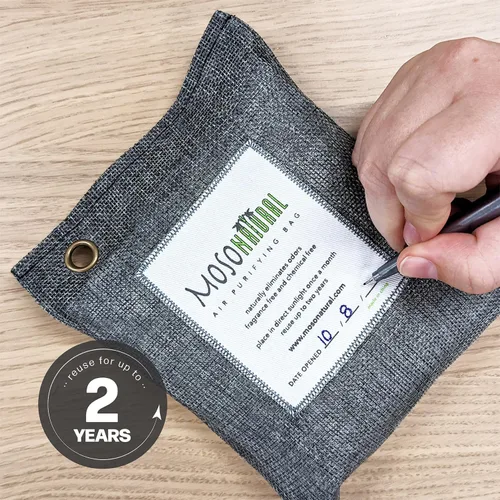 Vista 8 de Moso Natural Bolsa purificadora de aire de 17.64 oz (paquete de 2) absorbente de olores de carbón de bambú prémium para el hogar, dormitorio