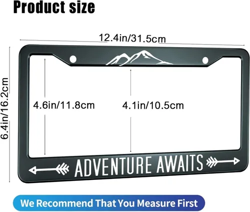 Vista 2 de HOSNYE Adventure Awaits - Marco de matrícula para entusiastas de los viajes alpinos, cubierta de metal para placas frontales, marco de placa