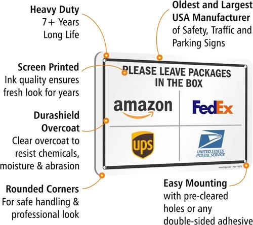 Vista 8 de SmartSign 7 x 10 pulgadas "Por favor, deje los paquetes en la caja - Amazon, FedEx, UPS, USPS" Letrero de instrucciones de entrega de metal