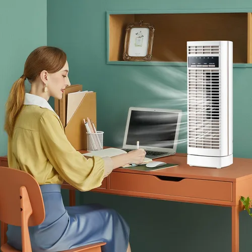 Vista 3 de Tangkula Ventilador de escritorio de 14 pulgadas, ventilador de torre pequeña oscilante de 90°, ventilador de mesa de enfriamiento silencioso