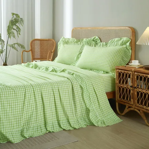Vista 11 de LifeTB Gingham Ruffle Twin Sheets Set Soft Microfiber Blue Plaid Bed Sheets Volante - Azul Gingham