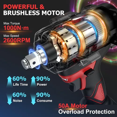 Vista 2 de Llave de Impacto Inalámbrica de 750 pies-libras, pistola de impacto de potencia de 1000 N·m, 1/2 pulgada, 21 V, 2600 RPM, Llave de Impacto eléctrica