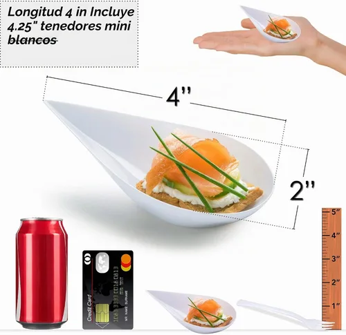 Vista 3 de DLux 100 mini platos de aperitivo de 4 pulgadas con tenedores, cucharas de plástico blanco reutilizables, platos para servir postres y aperitivos