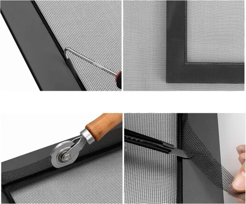 Vista 3 de Kit de reparación de malla ajustable de fibra de vidrio negro de 39 x 59 pulgadas con estrías de 20 pies y rodillos de repuesto para patio, porche