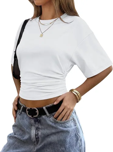 Vista 3 de Sampeel Camisetas cortas de verano 2026 a la moda, manga corta de murciélago, cintura fruncida, ajustadas, básicas, para salir, camisetas de moda