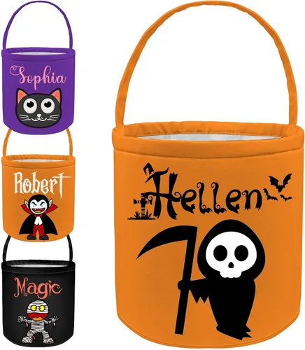 Vista 8 de Cubo personalizado de Halloween con nombre, cesta de dulce o truco de Halloween, regalo personalizado para niños y niñas, color negro