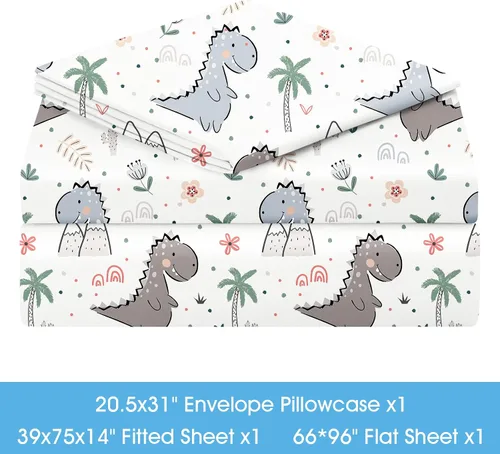 Vista 5 de BYSURE Juego de sábanas para cama individual para niños (Dinosaurio, gris), 3 piezas de sábanas de bolsillo profundo de ajuste fácil, ropa de cama