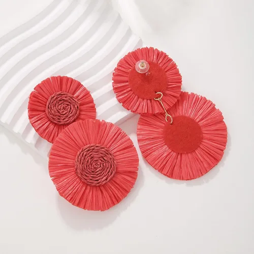 Vista 4 de Pendientes redondos llamativos de rafia con palmera bohemia para mujer