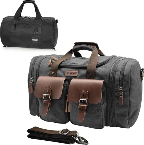 Vista 18 de Wildroad Bolsa de viaje de lona de 50L, bolsa de lona expandible de cuero genuino, bolsa de fin de semana mejorada para una noche, bolsa de mano