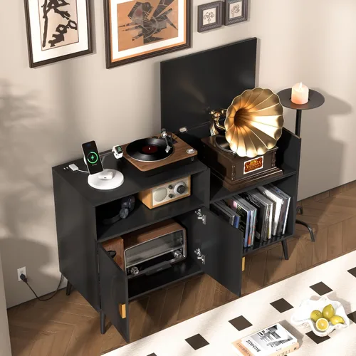 Vista 6 de Fiogmub Soporte grande para tocadiscos, soporte giratorio de mediados de siglo con puerta, mesa para tocadiscos con capacidad para hasta 350