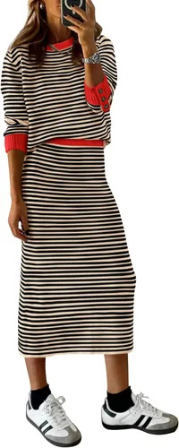 Vista 22 de PRETTYGARDEN - Conjunto de falda de suéter a rayas de 2 piezas para mujer Rayas de albaricoque
